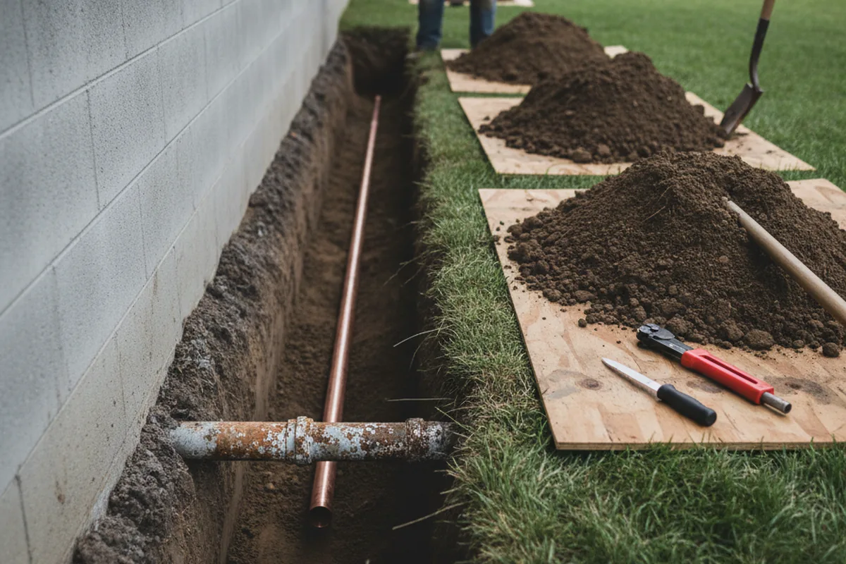 Excavated water line trench during Sewer Line Repair in Lynbrook